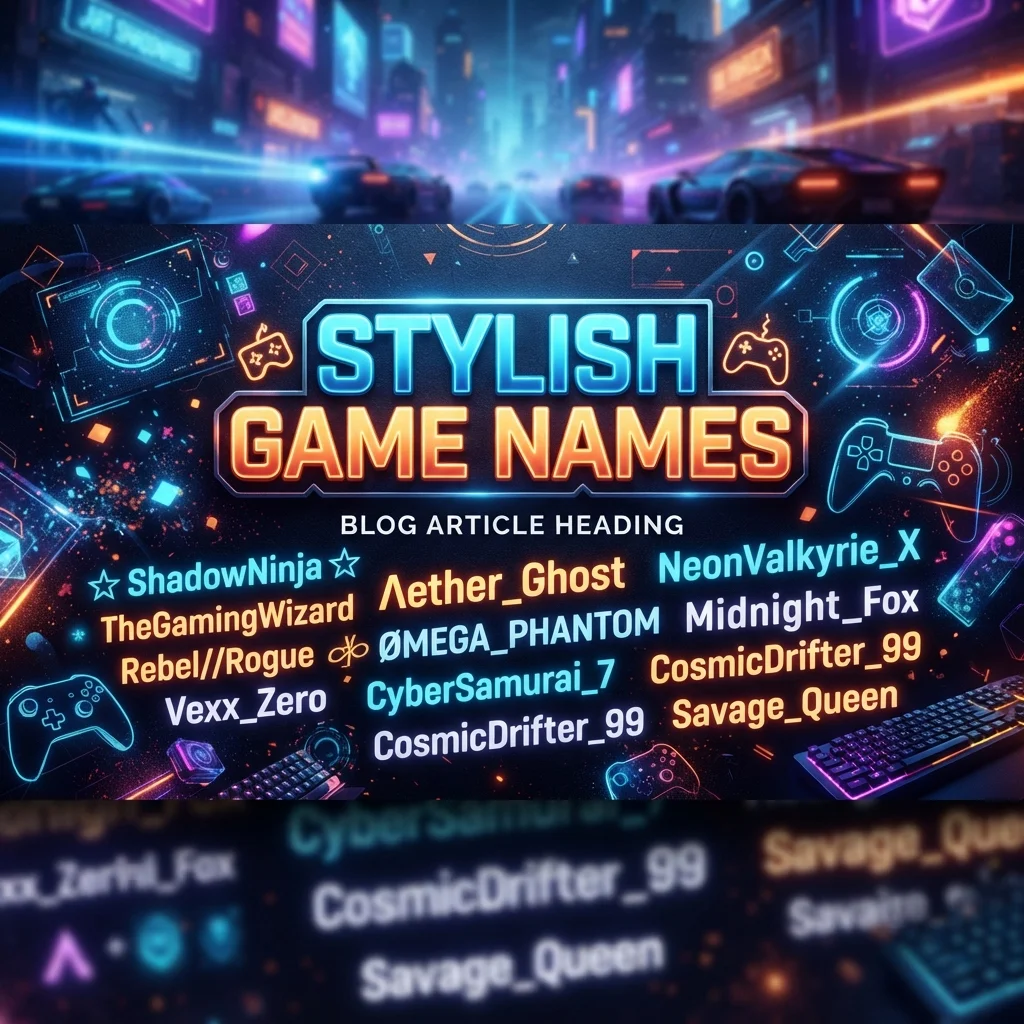 Stylish Game Names blog banner featuring bold gaming typography and modern design for unique gamer name ideas.
