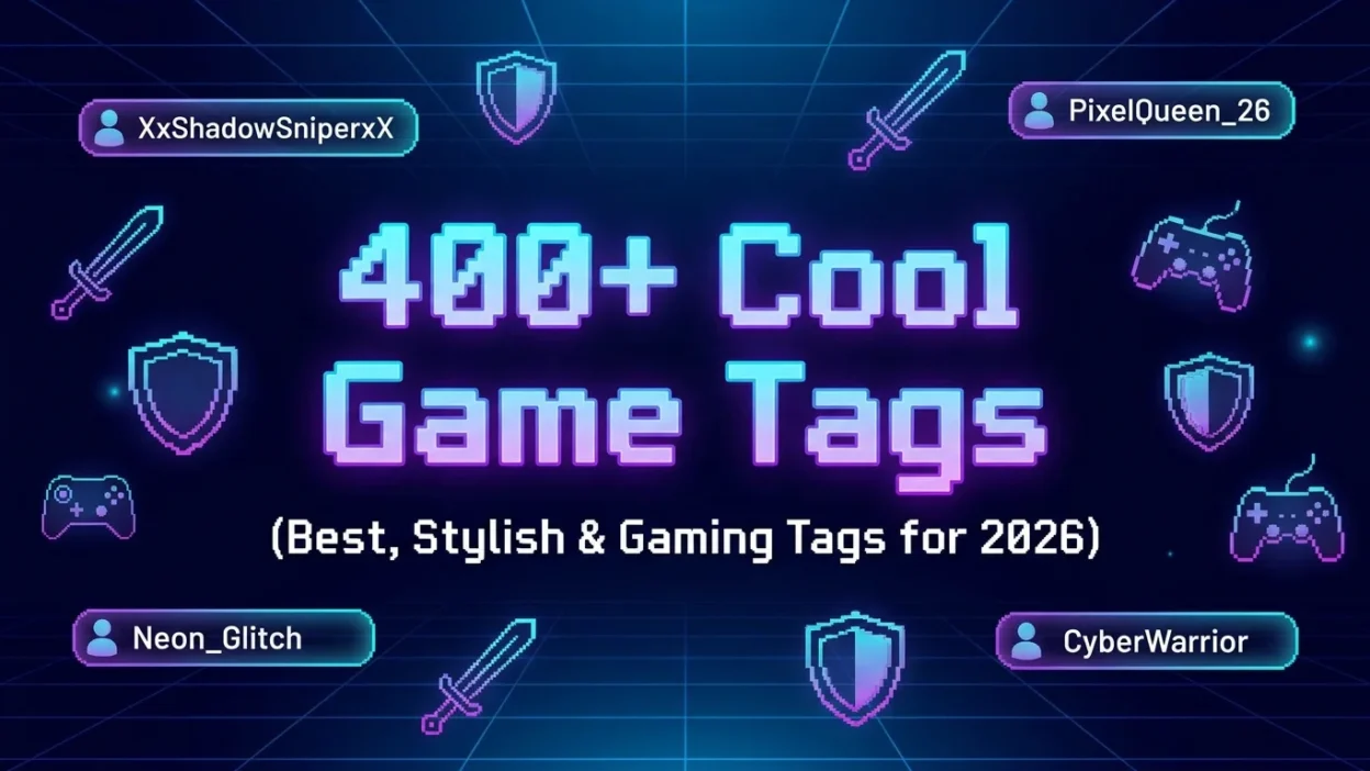 Colorful gaming-themed illustration for 400+ game nicknames featuring cool, funny, and best nicknames for gamers in 2026.