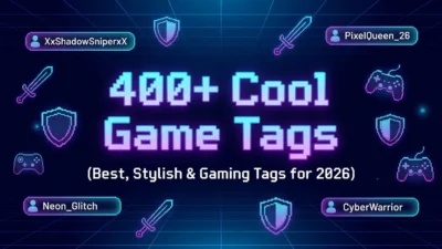Colorful gaming-themed illustration for 400+ game nicknames featuring cool, funny, and best nicknames for gamers in 2026.