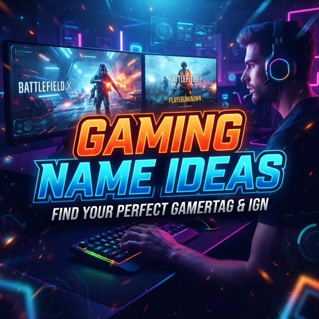 Gaming Name Ideas banner with bold gamer text, neon effects, and esports-inspired design for unique gamer names.