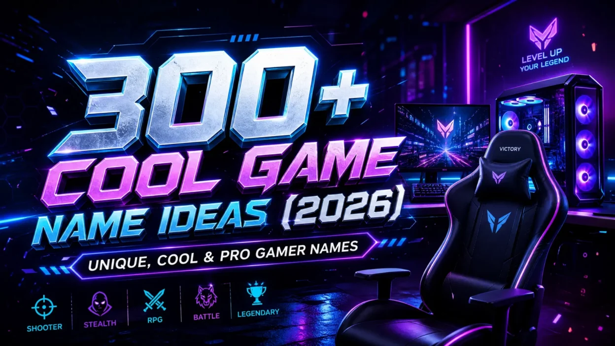300+ cool game name ideas 2026 banner with neon gaming setup, PC, and pro gamer name inspiration