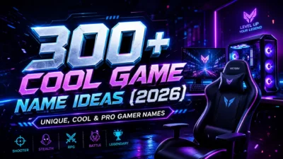 300+ cool game name ideas 2026 banner with neon gaming setup, PC, and pro gamer name inspiration