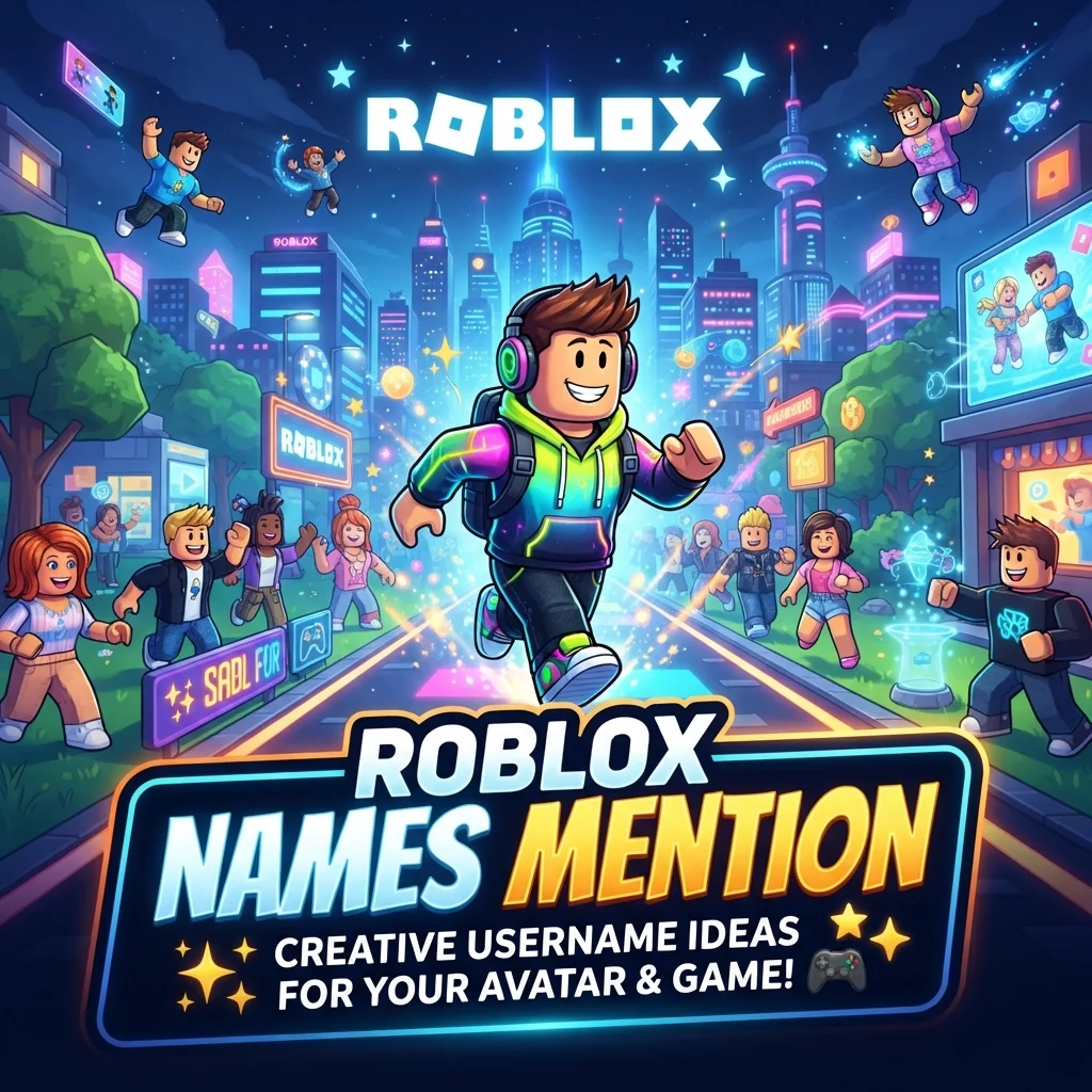 Roblox names mention banner with colorful gaming avatars and creative username ideas for Roblox player