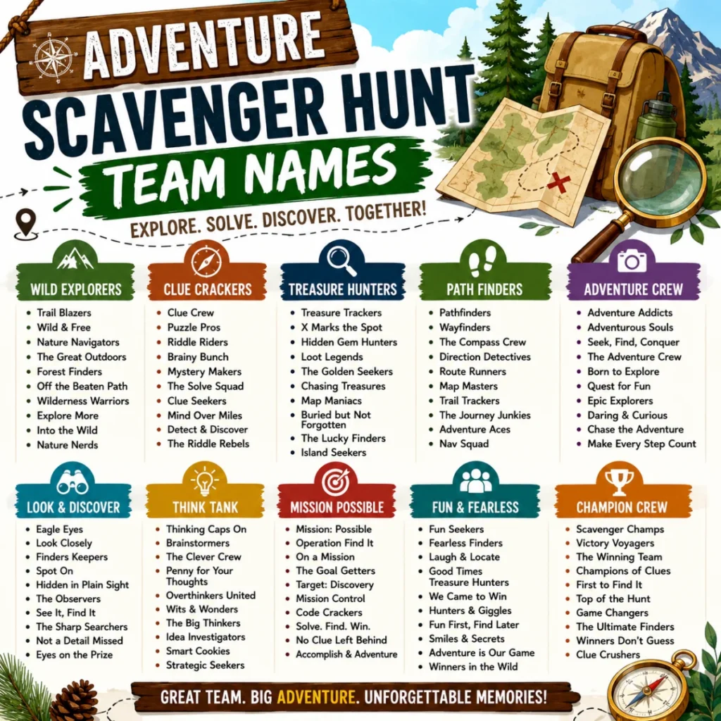 🧩 ADVENTURE SCAVENGER HUNT TEAM NAMES
