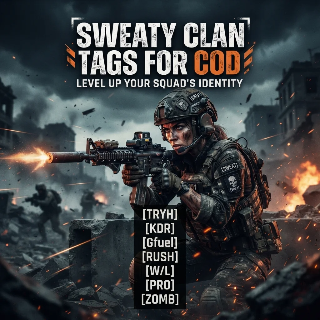 Sweaty Clan Tags for COD graphic featuring intense Call of Duty competitive squad tag ideas