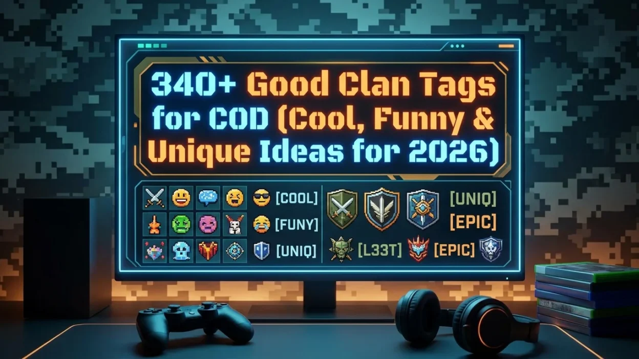 340+ Good Clan Tags for COD graphic featuring cool, funny, and unique Call of Duty clan tag ideas for 2026